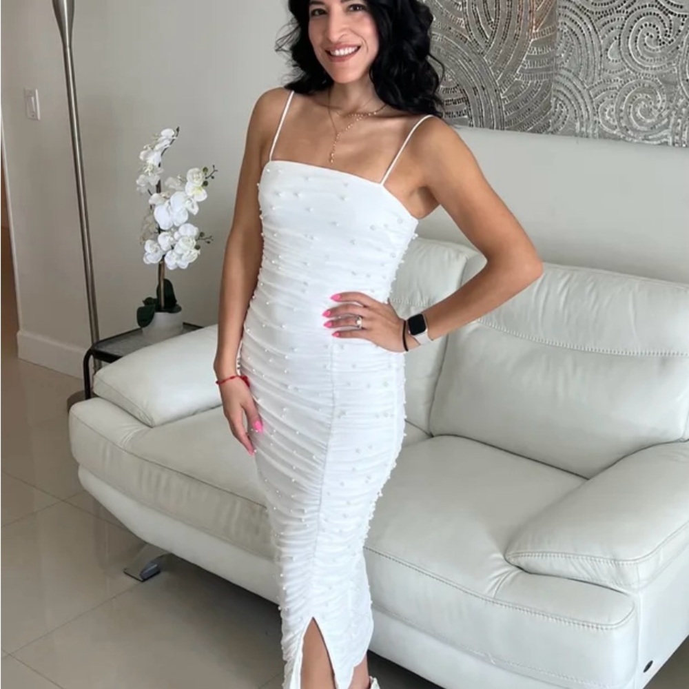 Lulu's White Beaded pearl bodycon dress